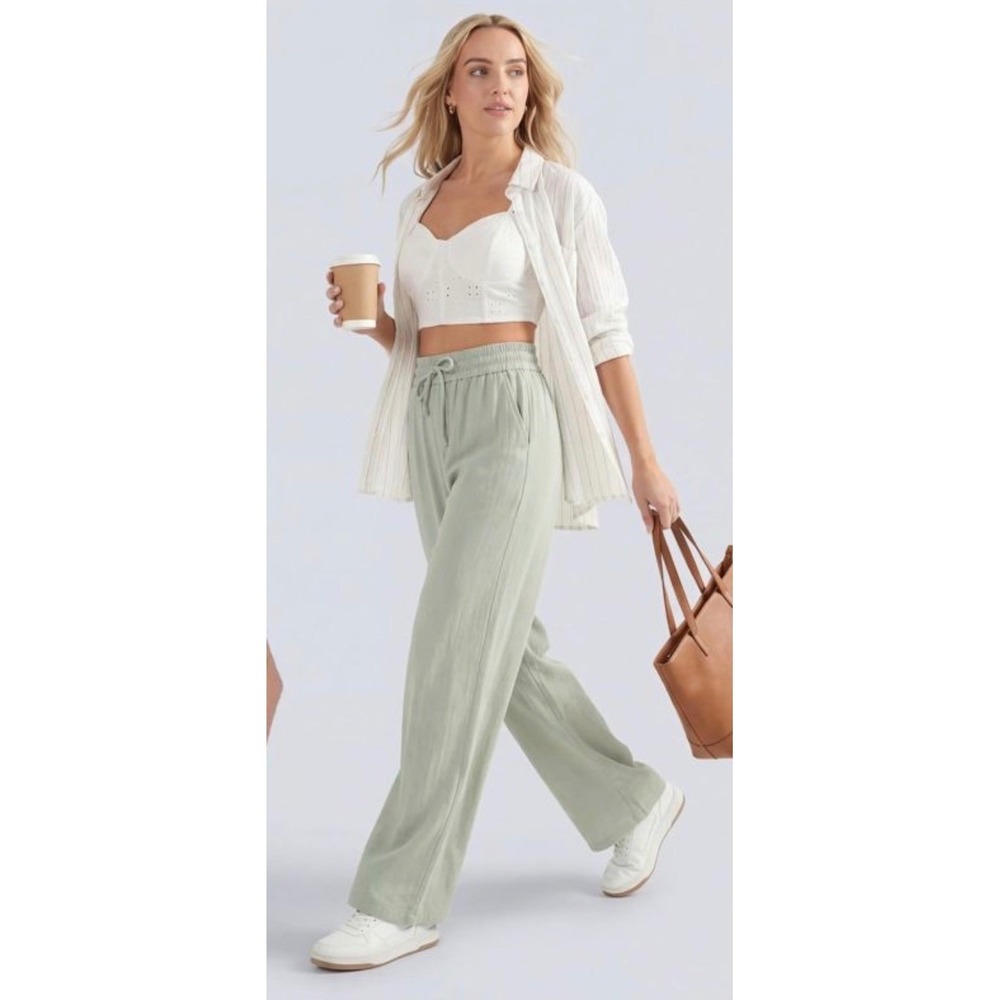 Halara High Waist Drawstring Pocket Wide Leg Baggy Linen-Feel Pants NWT XS caual